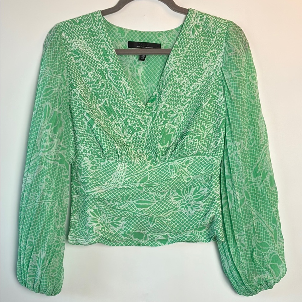 White House Black Market Green Floral Balloon Sleeve Pleated Smocked Blouse
